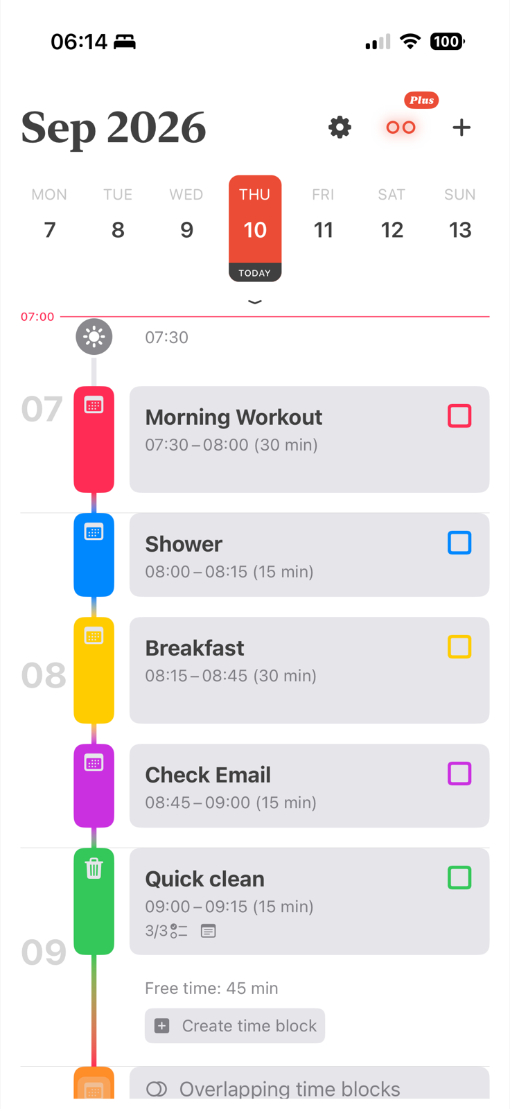Align visual daily planner showing color-coded time blocks and free time on iPhone