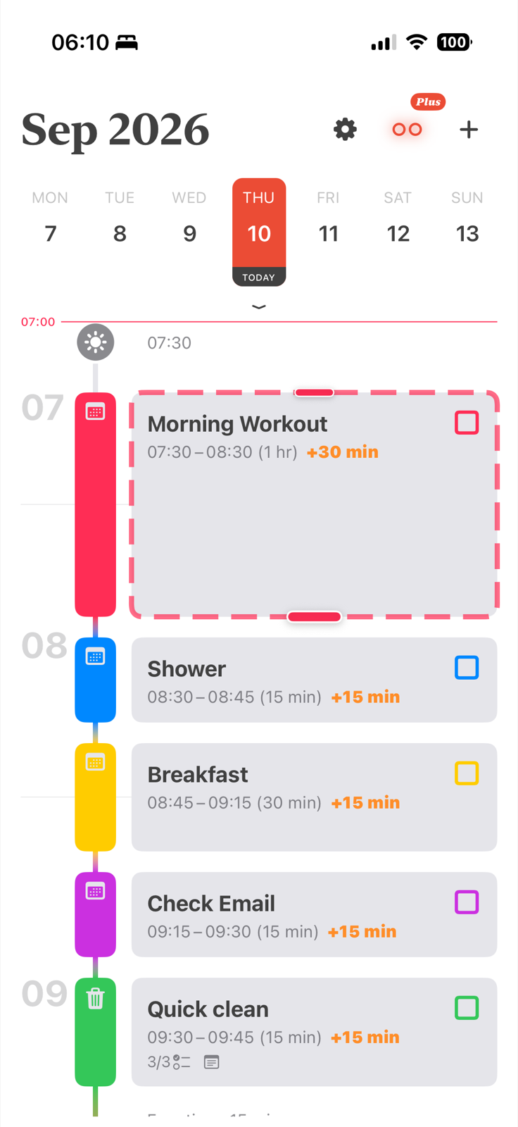 Align daily planner extending the workout to one hour and shifting the following blocks later