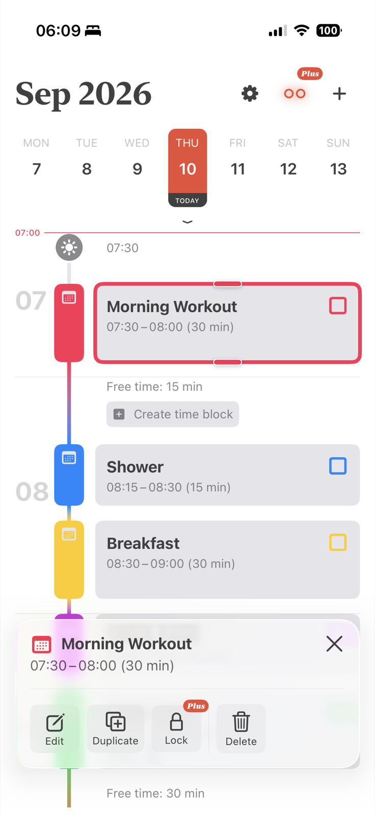 Align daily planner with a 30-minute workout block selected for resizing